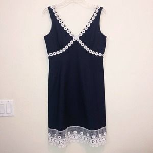 J. Crew Sleeveless Double V-neck Navy Dress Crochet Lace Trim Size 8